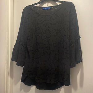 Black stretchy blouse with textured design and fluttered 3/4 sleeves
